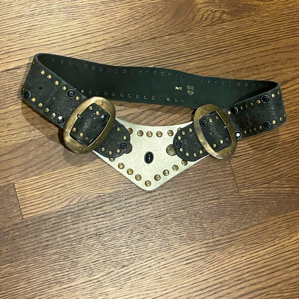 Vintage belt. Black weathered leather, metallic leather, blade buckles and studs